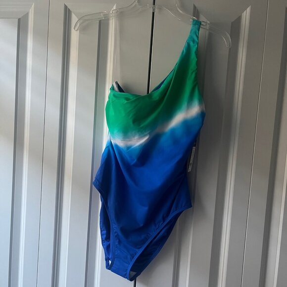 NWT Lauren Ralph Lauren Cabana One Shoulder One-Piece Ombre Swimsuit, Size 8 - Picture 2 of 7